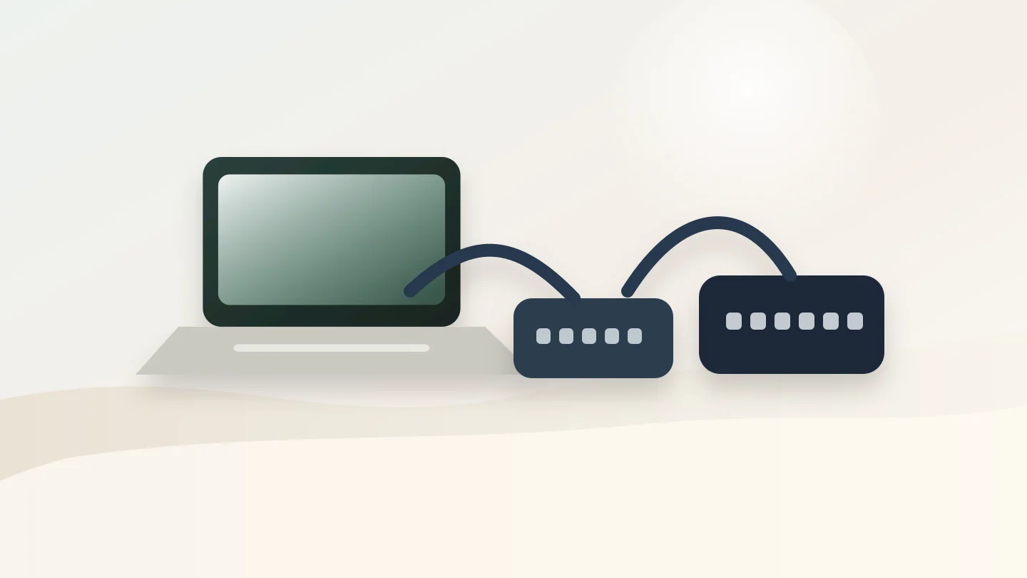 Unbranded USB-C dock with Ethernet cable and laptop showing a network disconnected warning